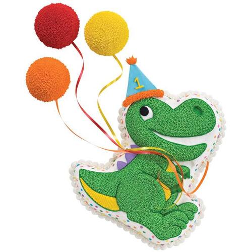 Dinosaur Bageform, her dekoreret med balloner og hat.